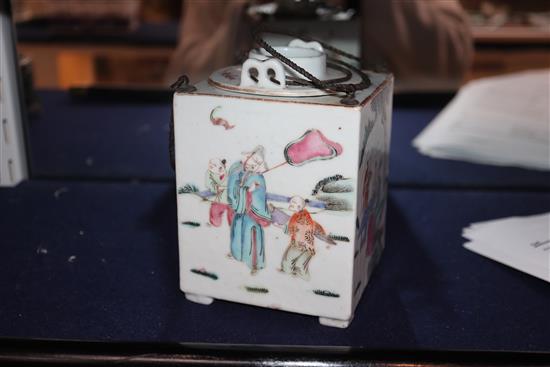 A Chinese famille rose square rice wine warmer, Tongzhi mark and period, some losses H.13cm